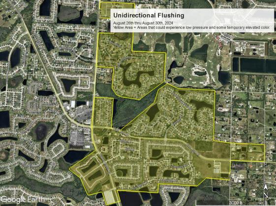 Areas north and south of Pine Tree Road are scheduled to have water lines flushed this week by Toho Water Authority. MAP/TOHO WATER