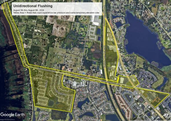 Toho Water Authority will flush the water lines along Partin Settlement Road, south to U.S. 192 and north to where it meets Lakeshore Boulevard. MAP/TOHO WATER AUTHORITY