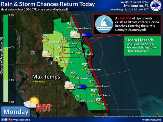The heat and humidity, bringing with them heat indexes in 103-108 range, are back in the National Weather Service's forecast. GRAPHIC/NWS