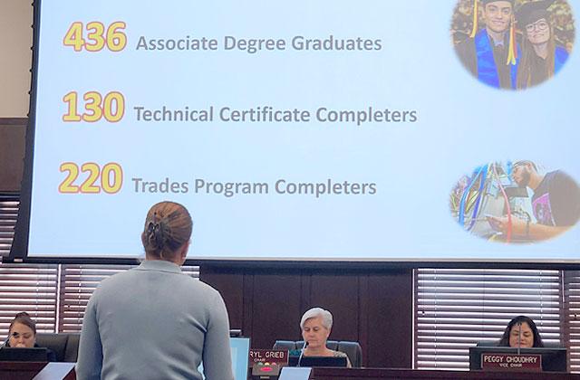 Valencia College President Kathleen Plinske presented the impact of Osceola Prosper — the degrees and  at Monday’s County Commission meeting. PHOTO/KEN JACKSON