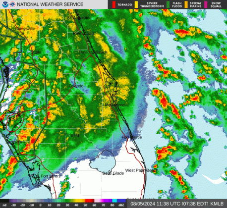 Rain bands from Hurricane Debby will continue to pass through Osceola County Monday, and maybe into Tuesday, even though the storm center is about 200 miles away. RADAR IMAGE/NWS MELBOURNE