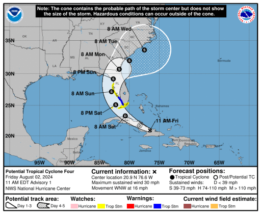 The National Hurricane Center has begun advisories on Potential Tropical Cyclone 4, which it says will become Tropical Storm Debby. GRAPHIC/NHC