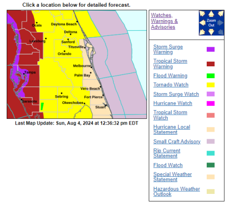 The area in yellow shows the Tornado Watch in effect for Osceola County and Central Florida through 8 p.m. Sunday. GRAPHIC/NWS MELBOURNE