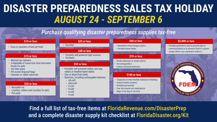 Just like in June, Floridians can buy storm preparation items for the next two weeks without paying sales tax. GRAPHIC/FLORIDA DIVISION OF EMERGENCY MANAGEMENT