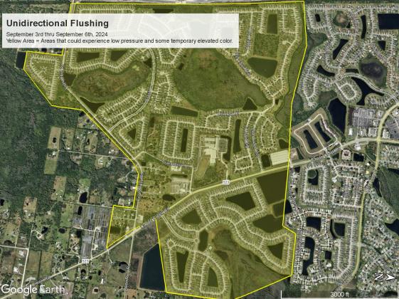 Areas along Canoe Creek Road near Friars Cove Road south of Pine Tree Road and Old Canoe Creek are slated for this week's Toho Water Authority operations. Note 'North' is to the right in this Toho Water map.