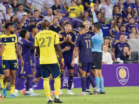 Who, me? Orlando defender Rodrigo Schlegel picked up one of the Lions' six yellow cards in Saturday's match. PHOTO/MARIO CASAMALHUAPA