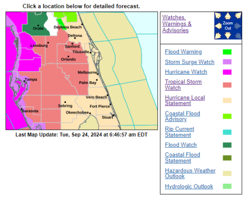 Osceola County is under a Tropical Storm Watch due to the threat later this week from soon-to-be Hurricane Helene. GRAPHIC/NWS