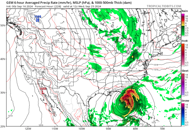 The Canadian forecast model shows a potential hurricane -- albeit at 222 hours, when forecast models are of low confidence -- affecting the west coast of Florida on Sept. 25. GRAPHIC/TROPICAL TIDBITS