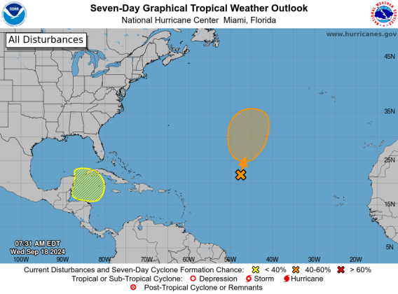 The National Hurricane Center is watching an area of disturbed weather in the Western Caribbean that could end up in the Gulf of Mexico as a named storm next week. GRAPHIC/NATIONAL HURRICANE CENTER