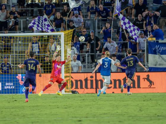 Duncan McGuire scores his 8th goal of the season Wednesday to give Orlando City a solid 2-0 lead over Charlotte FC Wednesday. PHOTO/MARIO CASAMALHUAPA