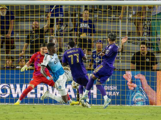 Facundo Torres scores Orlando's first goal in Wednesday's 2-0 over Charlotte FC. PHOTO/MARIO CASAMALHUAPA
