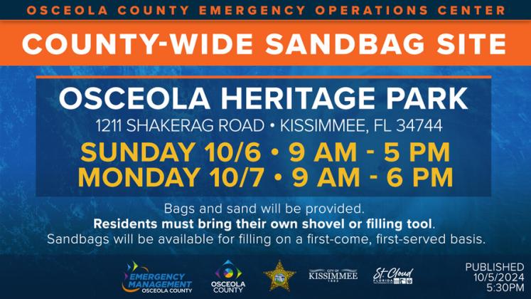 Sandbags will be available again at Osceola Heritage Park -- if you didn't get them ahead of Hurricane Helene two weeks ago. PHOTO/OSCEOLA COUNTY