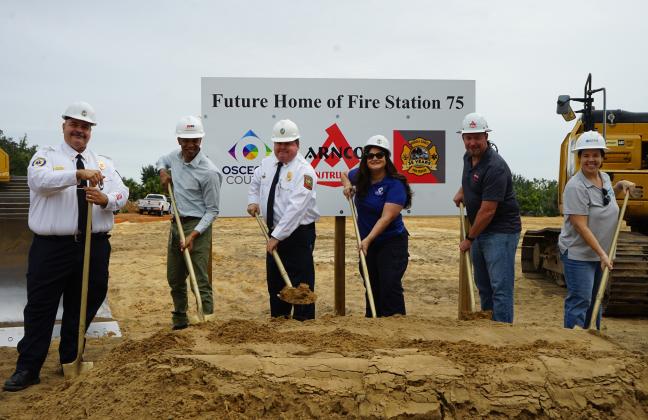 Osceola County Fire Chief Larry Collier, District 1 County Commissioner Peggy Choudhry, and construction representatives were part of Wednesday Station 75 groundbreaking on Funie Steed Road. The ceremony also marked the building of permanent Station 71 on Westside Boulevard.  PHOTO/OSCEOLA FIRE RESCUE EMS