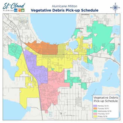 The map shows what days St. Cloud crews will be in each area, starting Monday, Oct. 14 (purple), followed by Tuesday (orange), Wednesday (green), Thursday (pink) and Friday (yellow). CITY OF ST. CLOUD