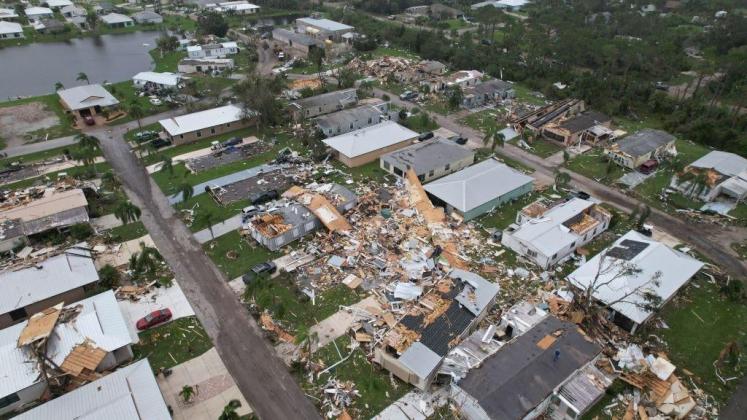 An aerial view shows destruction at the Spanish Lakes country club in Fort Pierce, Florida, in the aftermath of Hurricane Milton on October 10, 2024. (Photo by JOHN FALCHETTO/AFP via Getty Images)