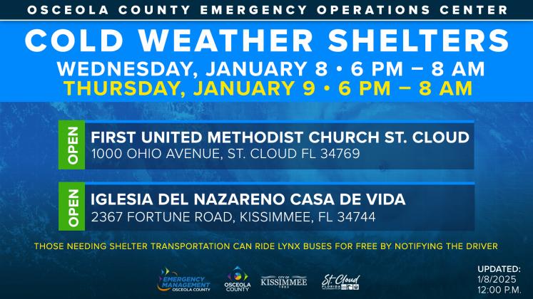 Ahead of low temperatures expected to drop in the 30s, two cold weather shelters are now open through Thursday night for those experiencing homelessness. GRAPHIC/OSCEOLA COUNTY