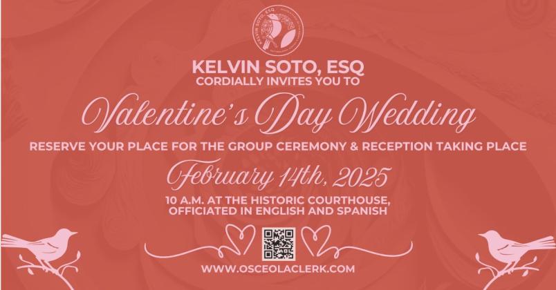 The first 16 couples to register will be able to say “I do” during the cherished annual group wedding ceremony and reception on Friday, Feb. 14 at 10 a.m. in the Historic Courtroom of the Osceola County Historic Courthouse, the oldest active courthouse in Florida. CLERK'S OFFICE