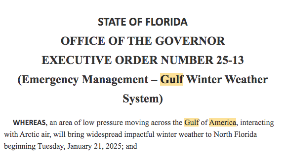 In an order he issued about this week’s winter storm, Gov. Ron DeSantis Monday referred to an “area of low pressure moving across the Gulf of America,” falling in line with President Donald Trump's executive order changing the body of water's name.