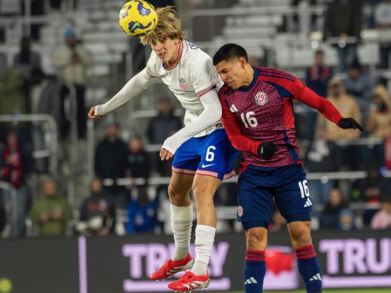 Benjamin Cremaschi the Inter Miami player, the youngest man on the field in the USMNT game against Costa Rica, wins a header. PHOTO/MARIO CASAMALHUAPA