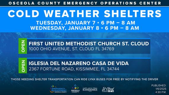Ahead of low temperatures expected to drop in the 30s the next two nights, two cold weather shelters will open Tuesday and Wednesday evening for those experiencing homelessness.