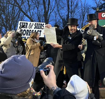 Punxsutawney Phil came out of his burrow and (reportedly) saw his shadow, foretelling six more weeks of winter at Gobbler's Knob in Pennsylvania Sunday morning. PHOTO/Punxsutawney Groundhog Club