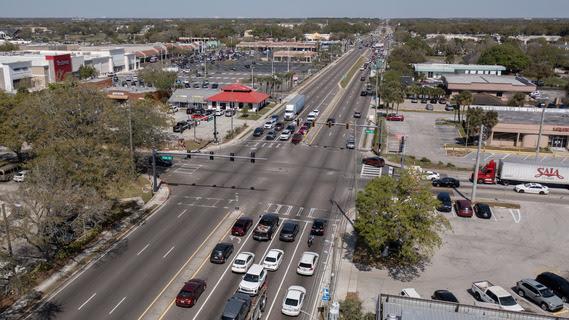 Work to improve the intersection of Oak Street and John Young Parkway (shown top to bottom) in Kissimmee starts Monday. PHOTO/CITY OF KISSIMMEE