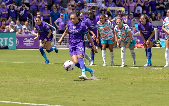 Marta strikes her 75th minute penalty kick, which proved to be the game winner in the Orlando Pride's 2-1 win Saturday afternoon over the San Diego Wave at Inter&amp;Co Stadium. PHOTO/TAYLOR MCFEE