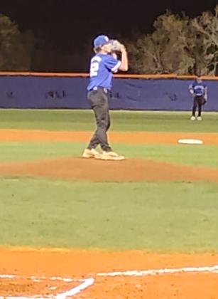 Sophomore lefthander Trevin Bean fired four innings of one-hit balince an seasonl to lead Harmony to an 8-0 win over rival Osceola on Friday night. S-opening loss to Rockledge, the Longhorns have won 11 straight games. PHOTO/J. DANIEL PEARSON