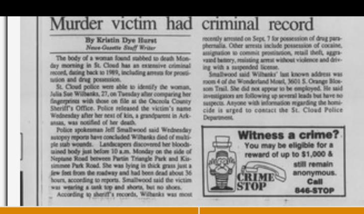 A 1991 Osceola News-Gazette report referenced Julia Wilbanks' case. FLORIDA DIGITAL NEWSPAPER LIBRARY