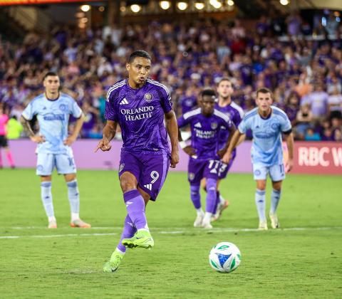 Luis Muriel bangs home the penalty kick Saturday to give Orlando City a 42nd minute lead over Orlando United it would never lose. (Photo/Taylor McFee)
