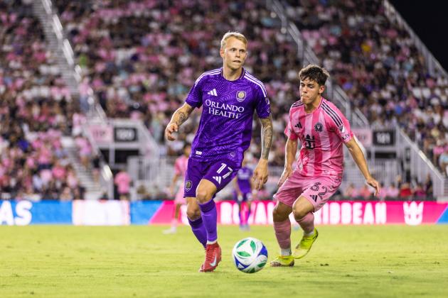 Dagur Thórhallsson scores the third goal in a 3-0 win over Inter Miami Sunday in Miami. (Photo Mark Thor/Orlando City)