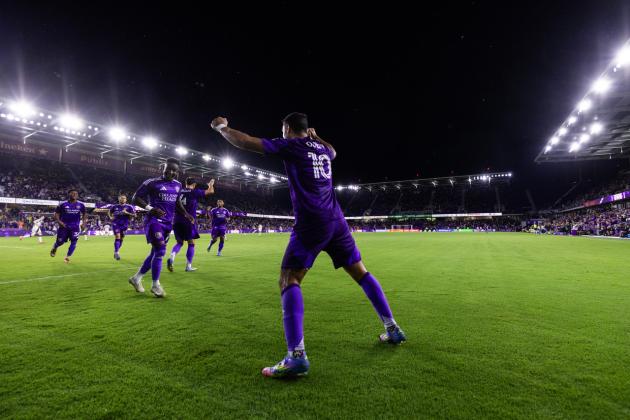 Martin Ojeda celebrates one of his goals. Martin had his first hat trick for Orlando City Saturday against the New England Revolution. (Photo by Mark Thor/Orlando City)