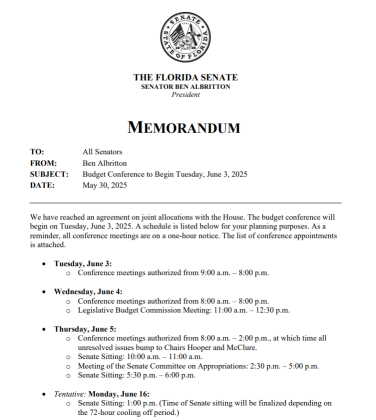 Florida House and Senate leaders issued memos late Friday night that indicated they expect to pass a budget for the 2025-2026 fiscal year on Monday, June 16.