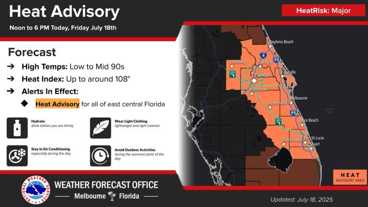 Hot and dry — the National Weather Service urges caution if you need to be outside during the hottest parts of the day through the weekend. (Graphic/NWS Melbourne)