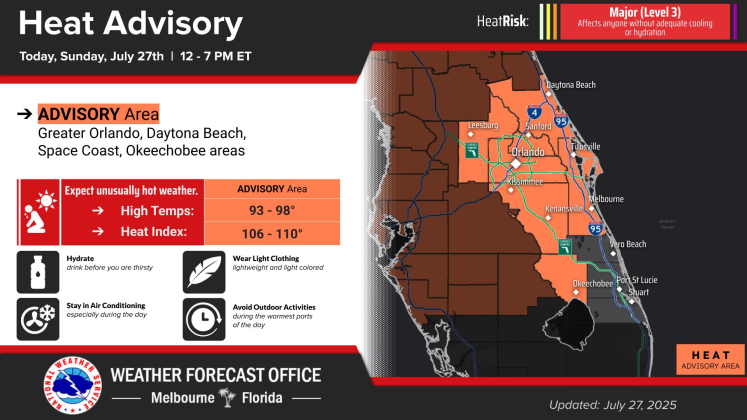 The National Weather Service in Melbourne has issued a Heat Advisory for our area from 12-7 p.m. Sunday, and expect the same on Monday. (Graphic/NWS Melbourne)