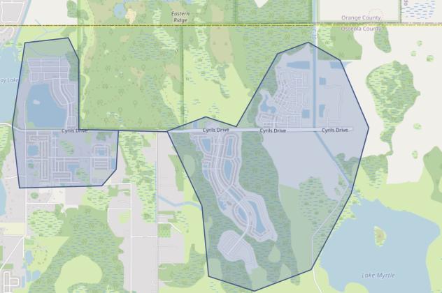 The areas shaded along Cyrils Drive are under a precautionary boil water advisory as of Thursday morning. (Map/Toho Water Authority)