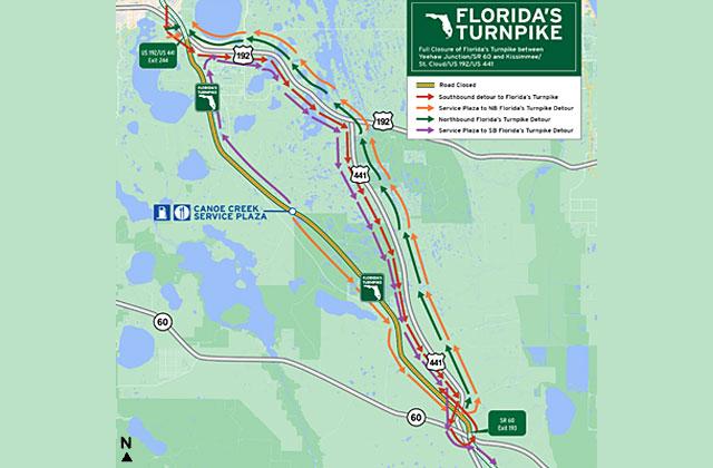 A full closure of northbound and southbound Florida’s Turnpike/State Road between Yeehaw Junction/SR 60 (Exit 193) and US 192 (Exit 244) has been scheduled to allow crews to install bridge beams for the Neptune Road bridge over Florida’s Turnpike. (Graphic/Osceola County/FDOT)