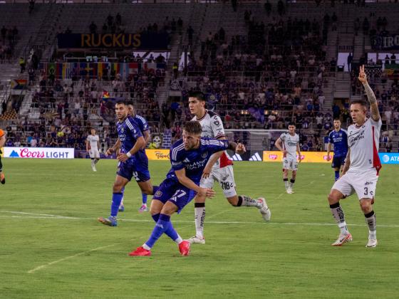 Marco Pasalic scores the third goal Saturday night in Orlando City's 3-1 Leagues Cup match against Atlas. (Photo/Mario Casamalhuapa)