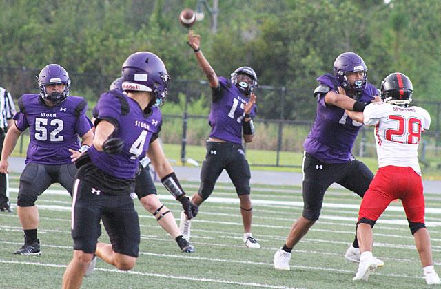 Celebration quarterback Daizjhon Blackman (17) launches a touchdown pass to receiver Cameron Bizzack in Friday’s 46-0 Kickoff Classic win at John Bushey Stadium. The Storm travel to Poinciana Friday to meet the Eagles. (Photo/Michelle Kostuch)