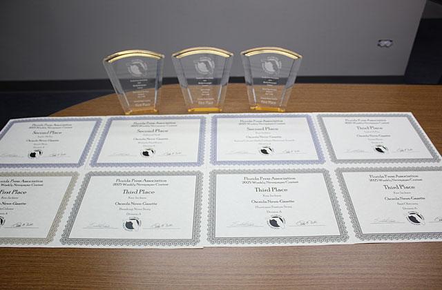 The Osceola News-Gazette won awards for each of 11 stories and photos nominated from 2024 at the annual Florida Press Association conference and Best Weekly Newspapers awards banquet, held Aug. 1. (Photo/Ken Jackson)