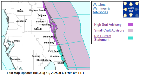 Numerous coastal weather warnings are in effect due to Hurricane Erin hundreds of miles off the coast. (Graphic/NWS Melbourne)