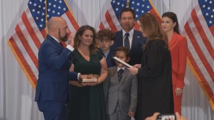 Florida Supreme Court Justice Jamie Grosshans swears in Tampa Republican Jay Collins as lieutenant governor. (News Service of Florida Photo/Tom Urban)