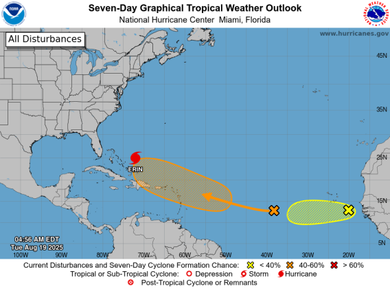 Keep an eye out for what follows Hurricane Erin in the Atlantic. (Graphic/National Hurricane Center)