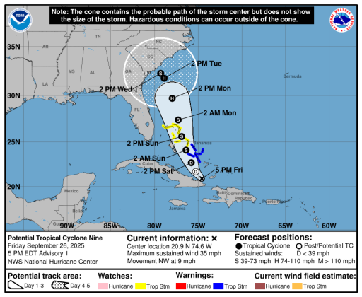 The NHC began advisories on Potential Tropical Cyclone Nine, located near the southeast coast of Cuba, at 5 p.m. Friday.