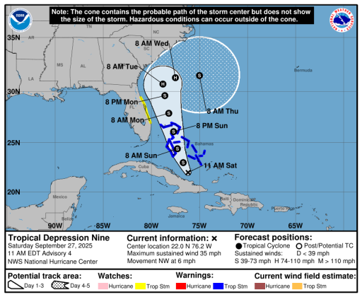 Tropical Storm 9 formed at 11 a.m. Saturday, forecast to parallel the Florida coast about 200 miles away. (Graphic/NHC)