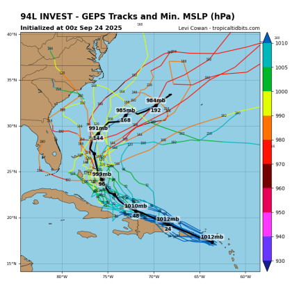 Early ensemble model runs for Invest 94L, which should affect the Bahamas with, at the least, some rain and gusty winds heading into the weekend. (Graphic/Tropicaltidbits.com)