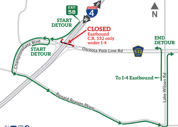 Drivers wishing to use eastbound County Road 532 at I-4 Exit 58 overnights this week will have to use this detour. (Graphic/FDOT)