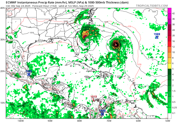 The European model for Monday Sept. 29 shows a pair of developed systems in the western Atlantic. At the least, that would bring heavy surf to our closest beaches. (Photo/Tropicaltidbits.com)