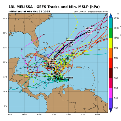 The ensemble matrix of the GFS storm model shows the most likely  scenario for Tropical Storm Melissa is to eventually move northeast east of the Bahamas — and away from Florida — in about 10 days as a hurricane. (Graphic/Tropical Tidbits)