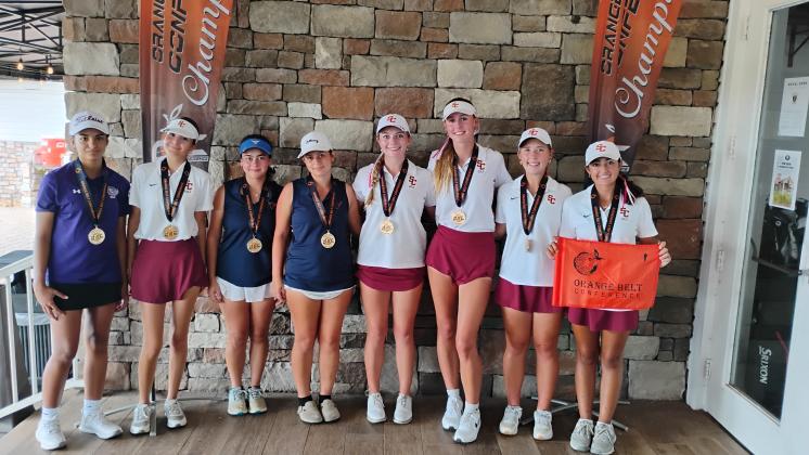 All OBC Girls Golf Team, left to right: Abigail Murphy (SC), Maddie Burda (SC), Karolyna Adams (SC), Olivia Siegel (SC), Alexis Bissonette (H), Melanie Chapardy  (H) , Mackenzie Stott (SC) , and Sophia Troncoso. (Photo/J. Daniel Pearson)